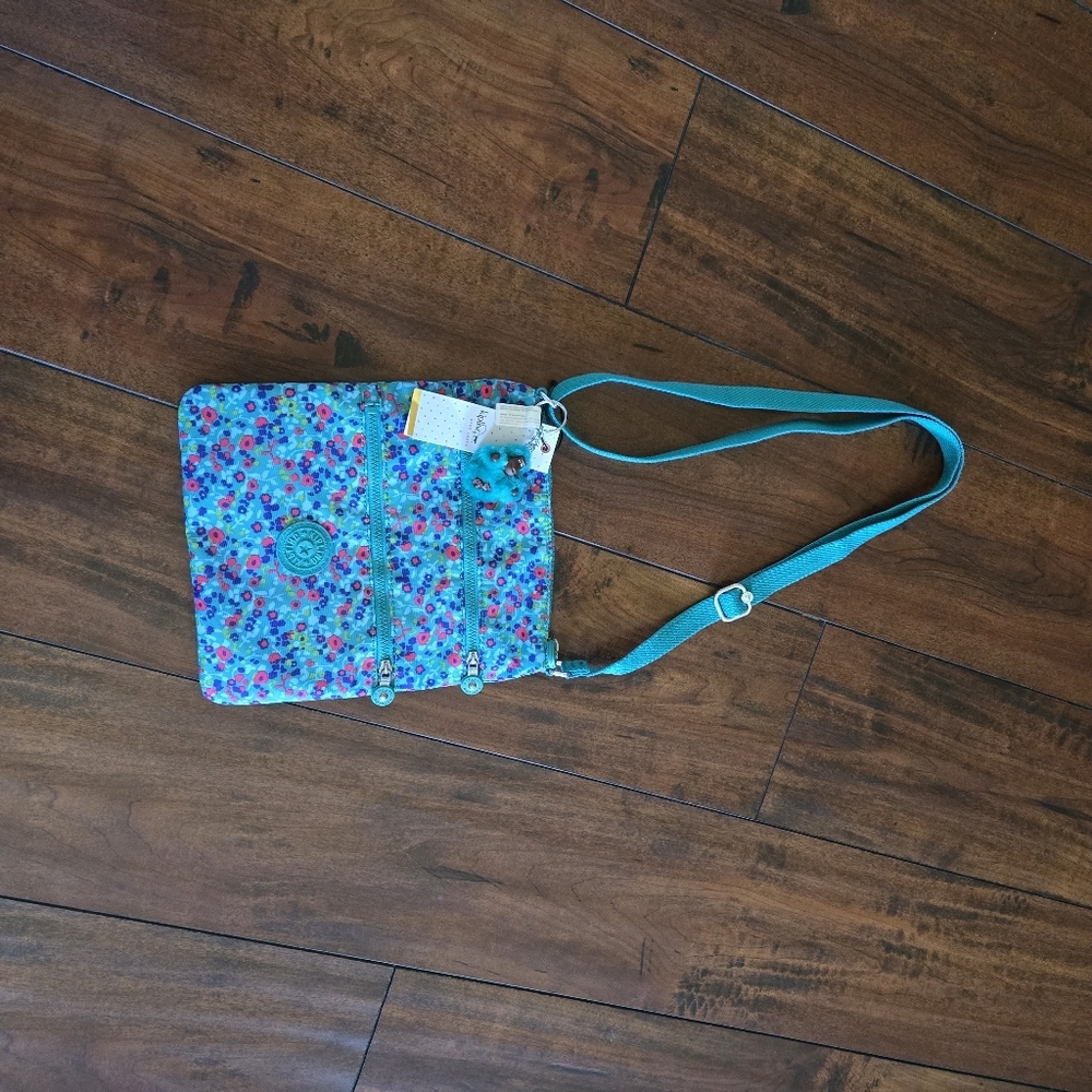 Kipling Keiko Crossbody Lightweight Shoulder Bag Teal Floral Print Monkey Charm - Picture 8 of 8
